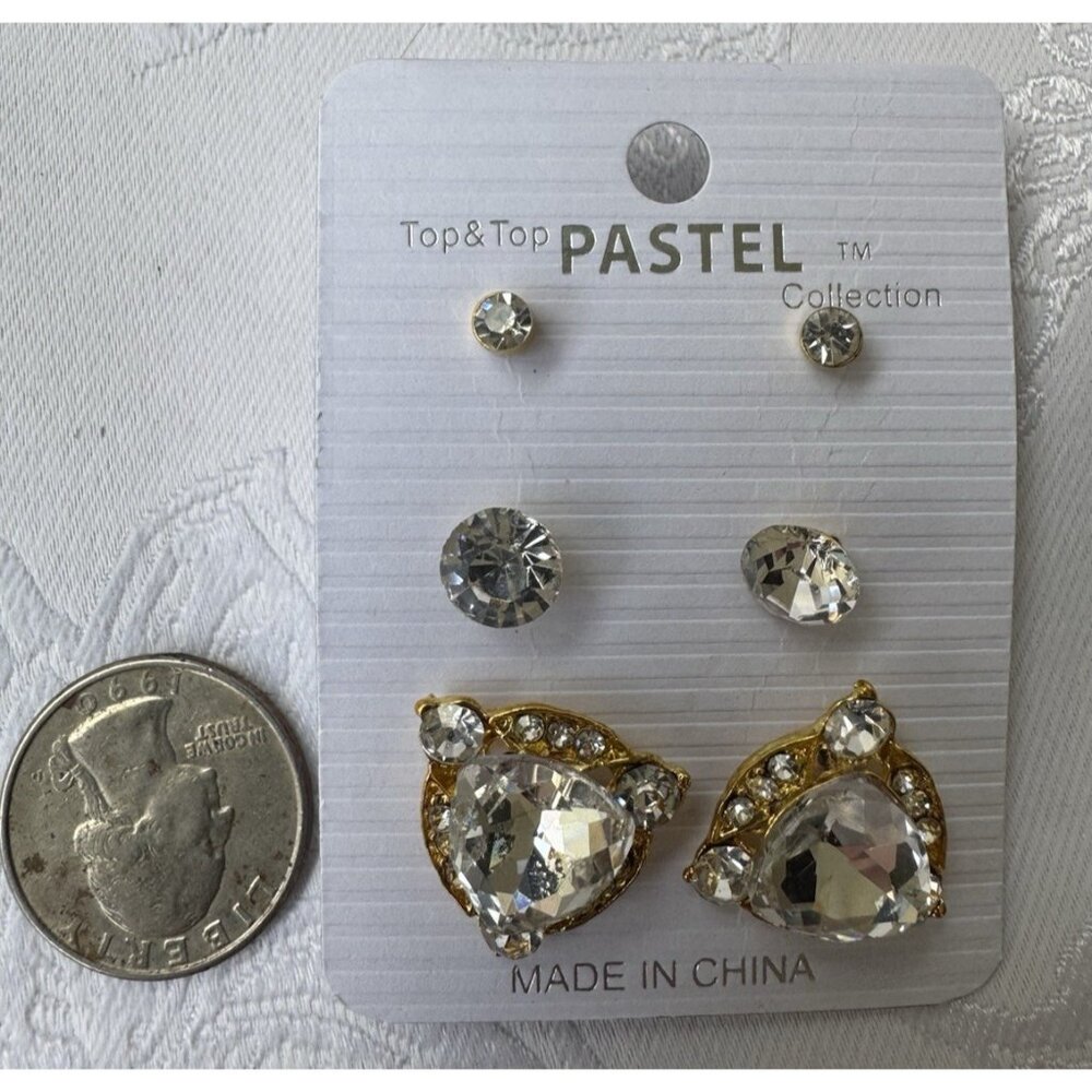 Pastel 3 PC Set Stud Rhinestone Gold Dangle Drop CZ Triangle Earrings NEW
